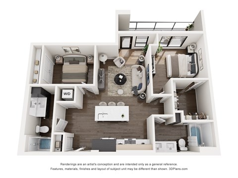 Floor plan for 1 bed, 2 baths, 990 sqft